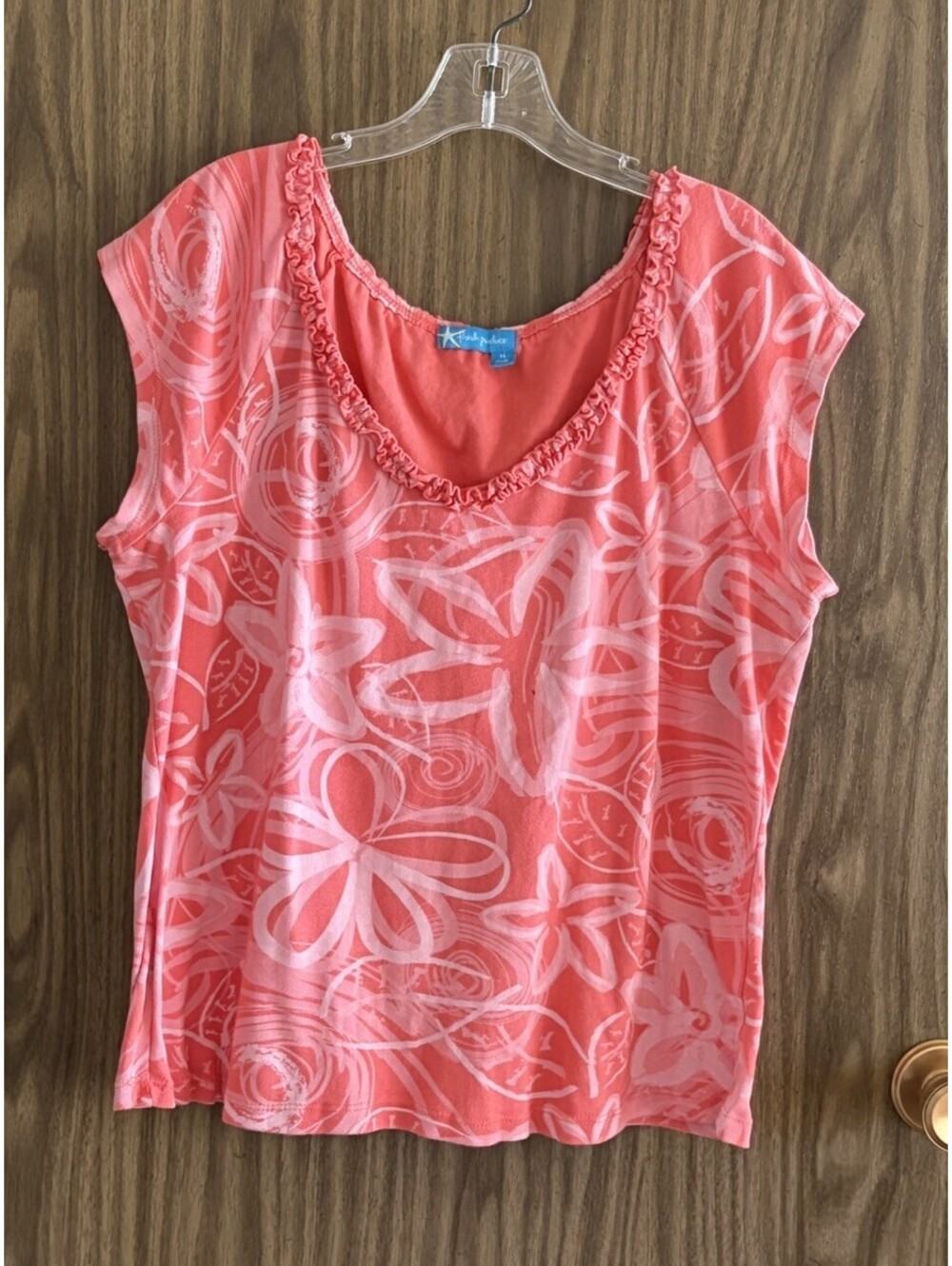 Fresh Produce XL Pink/Peach Top Cap Sleeve Ruffle Neck Floral Print USA